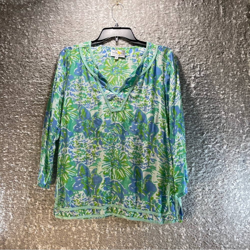 Bella Tu By Gopi Vaid Tunic Top Shirt Green Floral Long Sleeve Medium Lightweigh